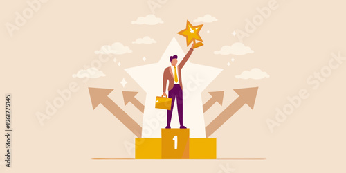 A businessman celebrates success by reaching for a golden star
