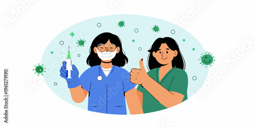 Healthcare workers and a patient promoting vaccination against a virus