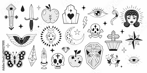 Collection of vintage style flash tattoo designs in black and white