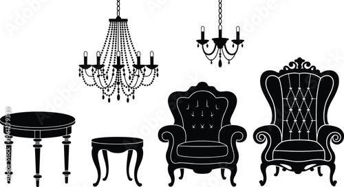 Vintage furniture silhouettes, ornate chandeliers, antique armchairs, round table, classic interior design, elegant home decor, historical style inspiration