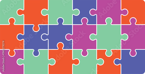 Colorful jigsaw puzzle with interlocking pieces in orange, green, purple, pink, and blue arranged in balanced pattern