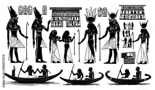 Egyptian Gods and People in Boats – Papyrus Hieroglyph Silhouette Vector Set