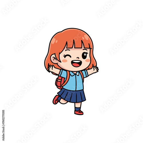 cheerful schoolgirl running with backpack vector illustration, happy childhood flat design