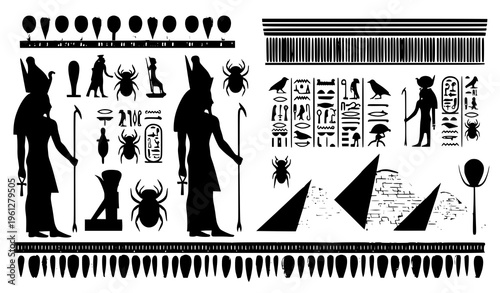 Ancient Egyptian Papyrus Ornaments – Hieroglyph Silhouette Patterns Vector Illustration