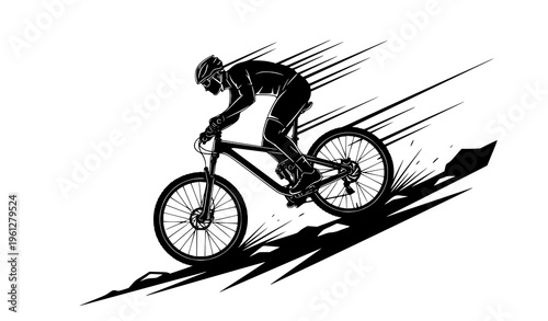 Mountain cyclist silhouette vector riding uphill trail isolated on white background