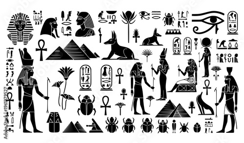 Ancient Egyptian Silhouette Ornaments on Papyrus – Pharaohs, Pyramids, and Hieroglyph Vector