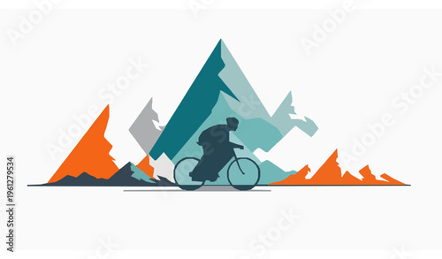 Mountain biking vector illustration with cyclist and scenic landscape isolated on white