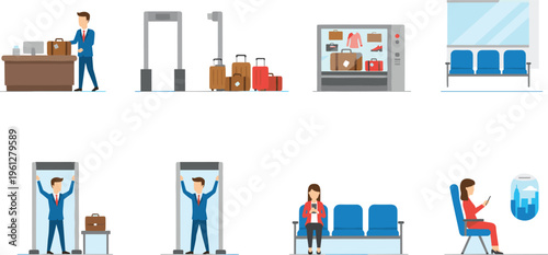 Vector illustration of airport and air travel process including check-in, security, waiting area, boarding, and in-flight experience