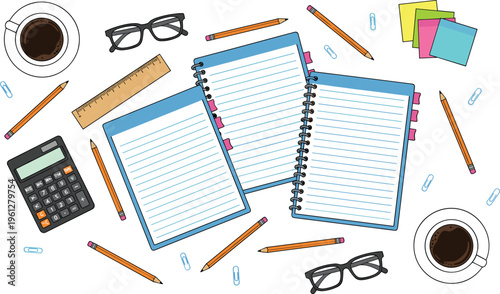 Vector illustration of study and office supplies including notebooks, pencils, ruler, calculator, glasses, coffee, and sticky notes
