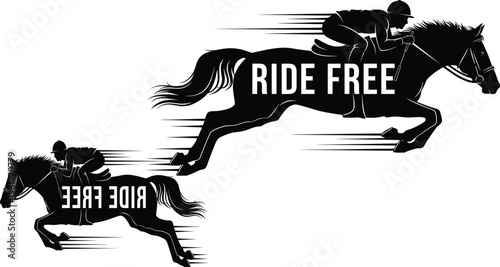 Horse racing jockey silhouette illustration, galloping horse vector art, ride free design, equestrian sport artwork, cad drawing flat vector illustration