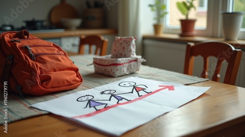 child's handmade evacuation drawing with a stick-figure family and a red arrow, left on a kitchen table next to a half-packed backpack, family preparedness for wildfire.