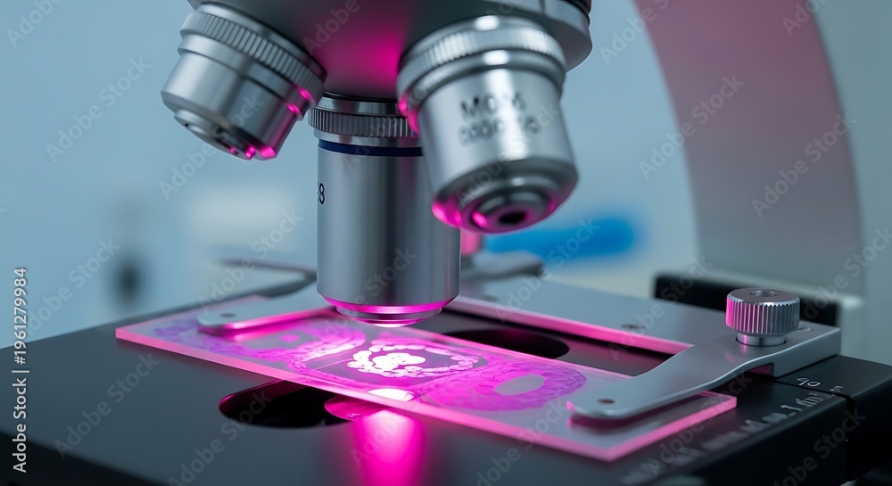 Fototapeta premium Close-up of a microscope with a slide illuminated in pink light, focusing on the sample