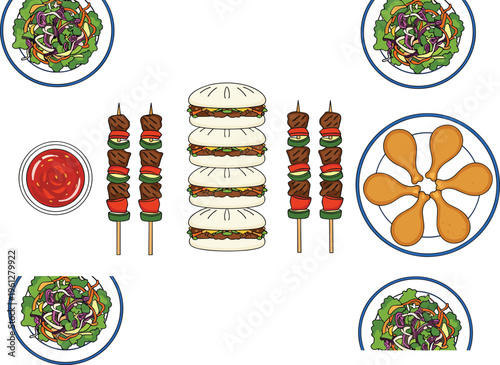 Cartoon food set with sandwiches, skewers, salads, dipping sauce, and fried chicken in colorful vector design