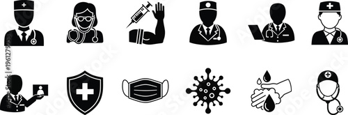 Black and white icons depicting various professions and covid 19 symbols