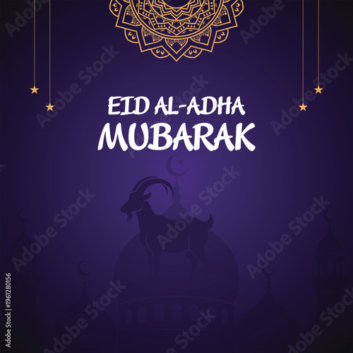 Islamic Eid al Adha Mubarak social media post design with purple background and sacrificial goat silhouette with mosque