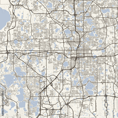 Orlando City Map Sophisticated Geometric Urban Topography Featuring Meticulous Linework and Balanced Composition in a Timeless Minimalist Scandinavian Blueprint Aesthetic for Modern Living.