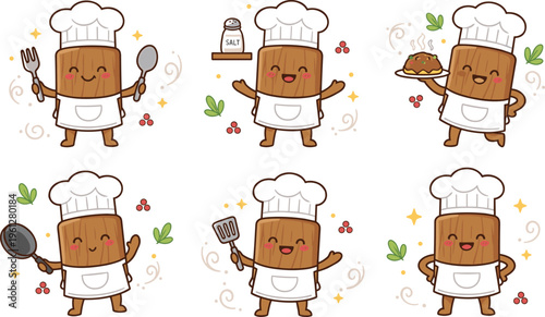 Cartoon wooden chef character in six cooking poses with utensils, food, salt shaker, frying pan, and spatula