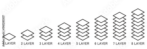 Layers Icon Set 1–8 – Multi-Level Stack, Logo Layers, Surface Tiers and Absorbent Material 
Vector Symbols