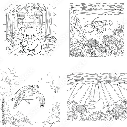 Cute cartoon train, bus, car, and manhole cover coloring page vector illustrations, black and white