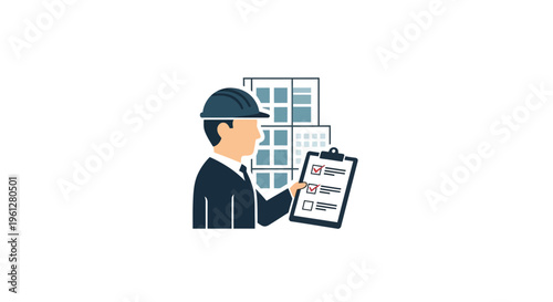 Businessman in hard hat holding clipboard.