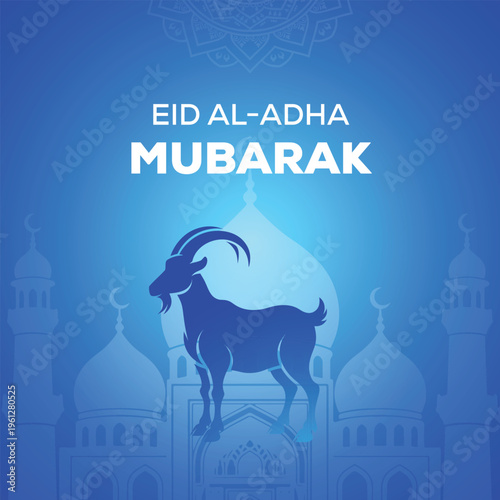 Eid al Adha Mubarak greeting card with blue background featuring goat silhouette and mosque domes with mandala pattern