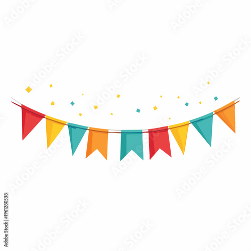 Festive banner with colorful pennants and confetti, celebrating joyful events and parties with vibrant decorations