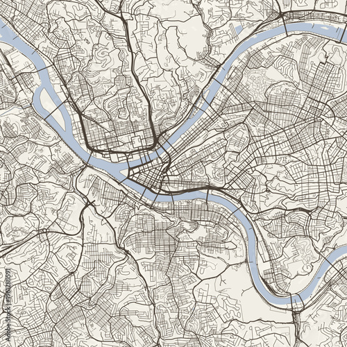 Pittsburgh City Map Sophisticated Geometric Urban Topography Featuring Meticulous Linework and Balanced Composition in a Timeless Minimalist Scandinavian Blueprint Aesthetic for Industrial Home.