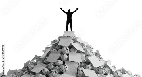 Man standing on top of a pile of papers and documents feeling successful