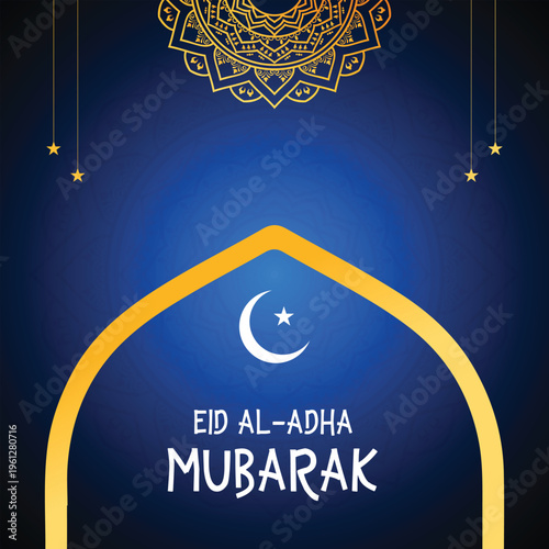 Islamic Eid al Adha Mubarak festival design with golden arch frame containing mosque dome on dark blue background