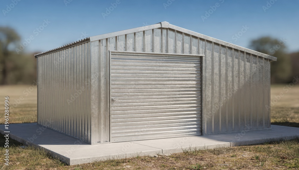 Fototapeta premium Medium shot of a small prefabricated metal garage displayed outdoors with clear skies showcasing durable construction and compact design efficiency.