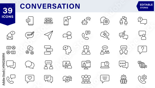 Conversation icon set. Containing chat, speech, discussion, talking, speaking, communication, interview, message,Editable line icons