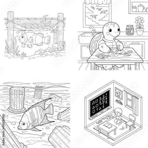 Black and white cartoon mars rover, asteroid field, astronaut, and camper van, coloring page