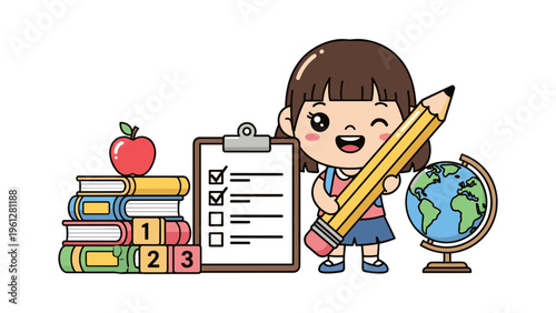 back to school education concept with happy student holding pencil and globe vector illustration
