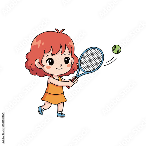 cute girl playing tennis with racket and ball flat design vector illustration