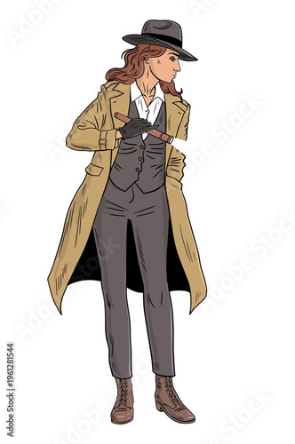 Female Detective Investigating with Flashlight Pop Art Character