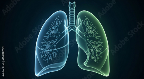Human lungs with trachea glowing blue and green transparent against dark background medical illustration