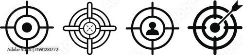 Target User Icon Set, Focus Aim Crosshair with User Profile Symbol Line Vector Collection