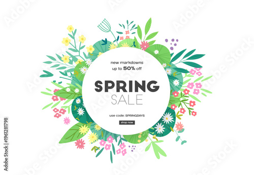 Wallpaper Mural Floral spring design with flowers, green leaves and plants. Round shape with space for text. Banner or flyer sale template, vector illustration. Torontodigital.ca