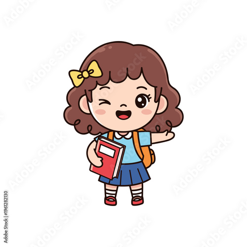 cheerful schoolgirl with backpack and book vector illustration in flat design
