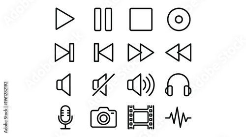 Set of 16 black outline media player control icons vector