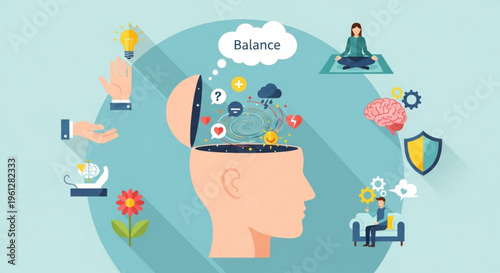 Mindful balance concept with head surrounded by wellness and productivity symbols