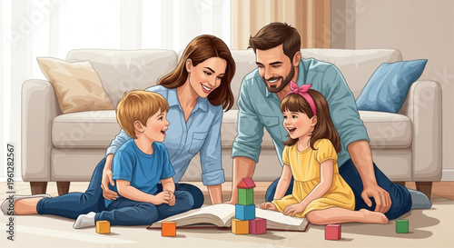 Ultra-realistic vector scene of a happy family spending time together in a brightly lit living room, with soft natural colors and cinematic lighting.