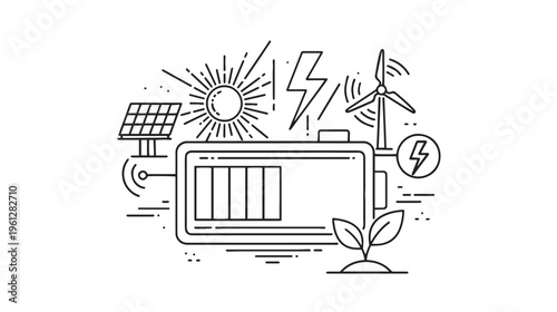 A detailed line art illustration depicting sustainable energy sources and a charging battery unit