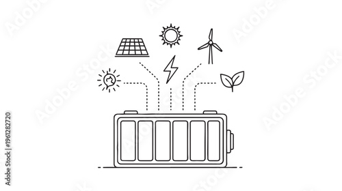 A minimalist line art illustration showing renewable energy sources charging a large battery unit