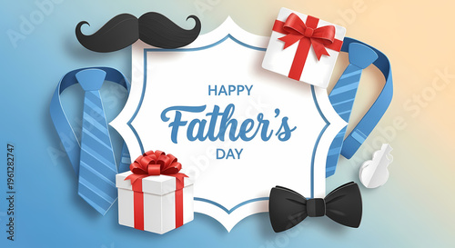 A festive Happy Father's Day graphic with gifts and accessories father's day gift idea happy father