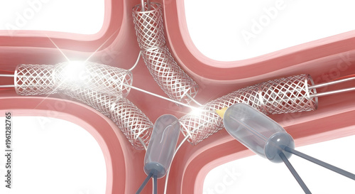 Endovascular stent grafts being deployed in an aortic aneurysm repair procedure
