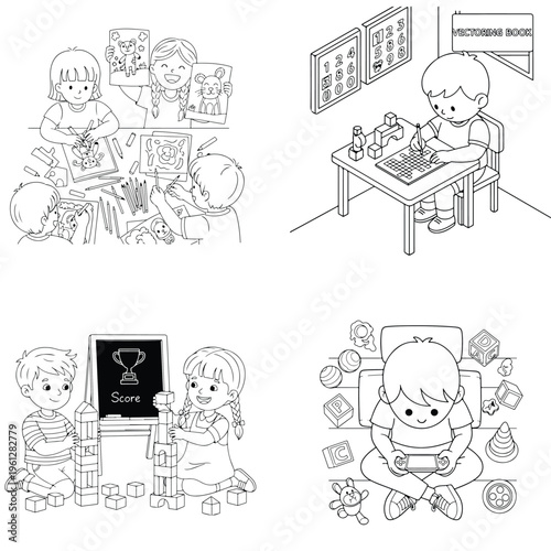 Cute anthropomorphic cartoon train and bus with car for kids coloring book with line art