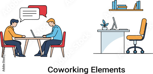Coworking Space Elements and Office Desk Illustration