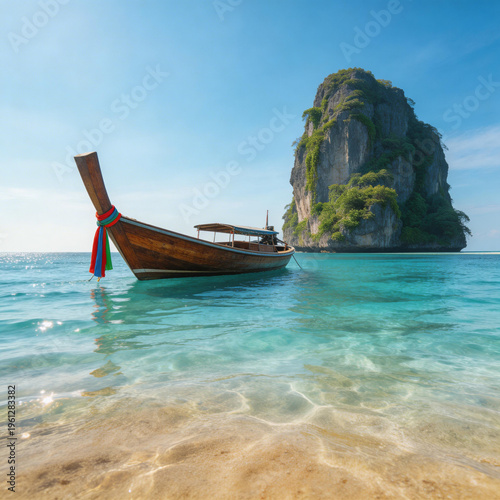 A traditional wooden longtail boat floats on clear turquoise water near a sandy beach with a large rocky island covered in greenery in the background under a clear blue sky.