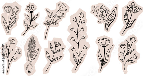 Simple hand drawn wildflower stickers collection. Doodle  floral elements vector illustration for scarpbook